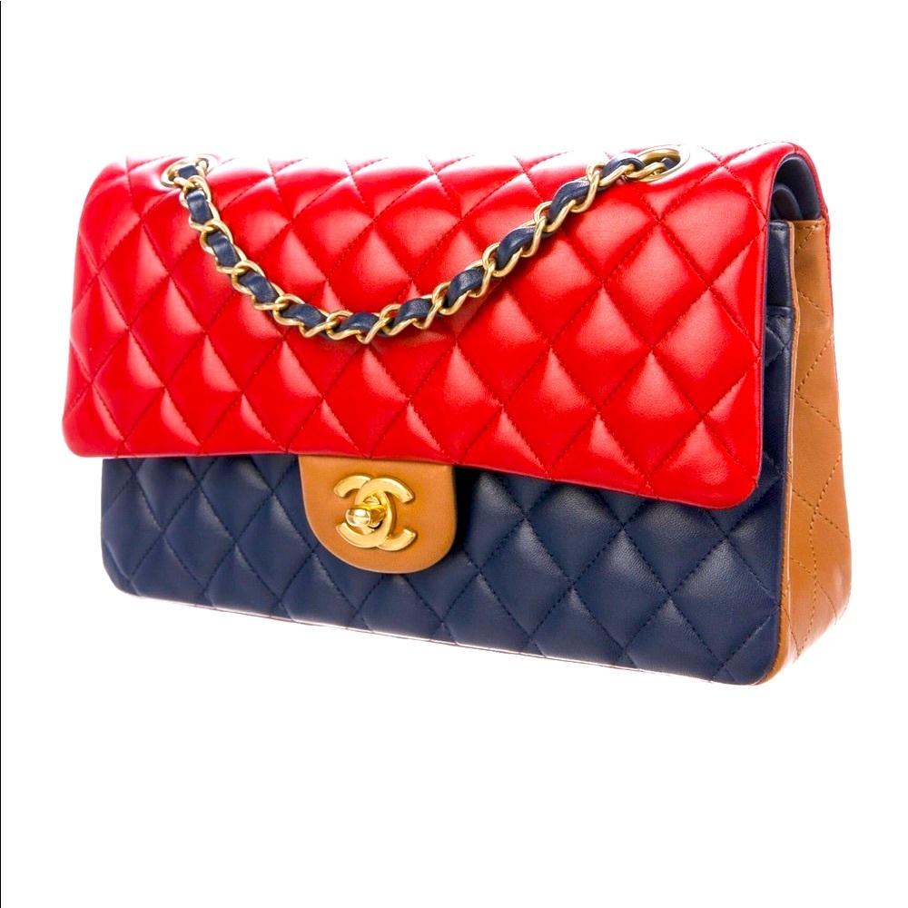 CHANEL TRI-COLOR MEDIUM DOUBLE FLAP BAG - GET NOTICED, GORGEOUS BAG!!     ❤️🤎💙